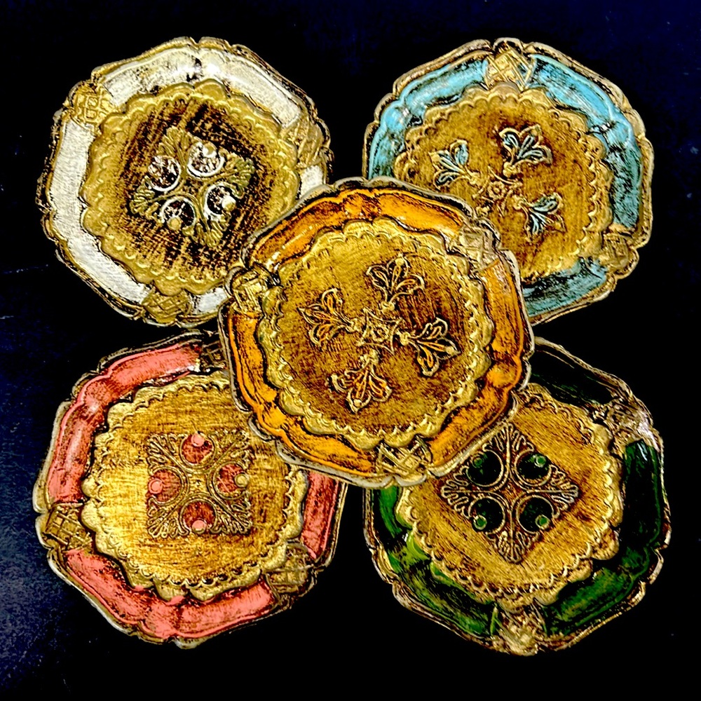 Vintage set of five stackable 5” D Italian Florentine coasters
